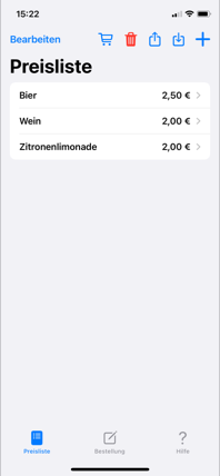 Hier wird die gesamte Preisliste angezeigt.